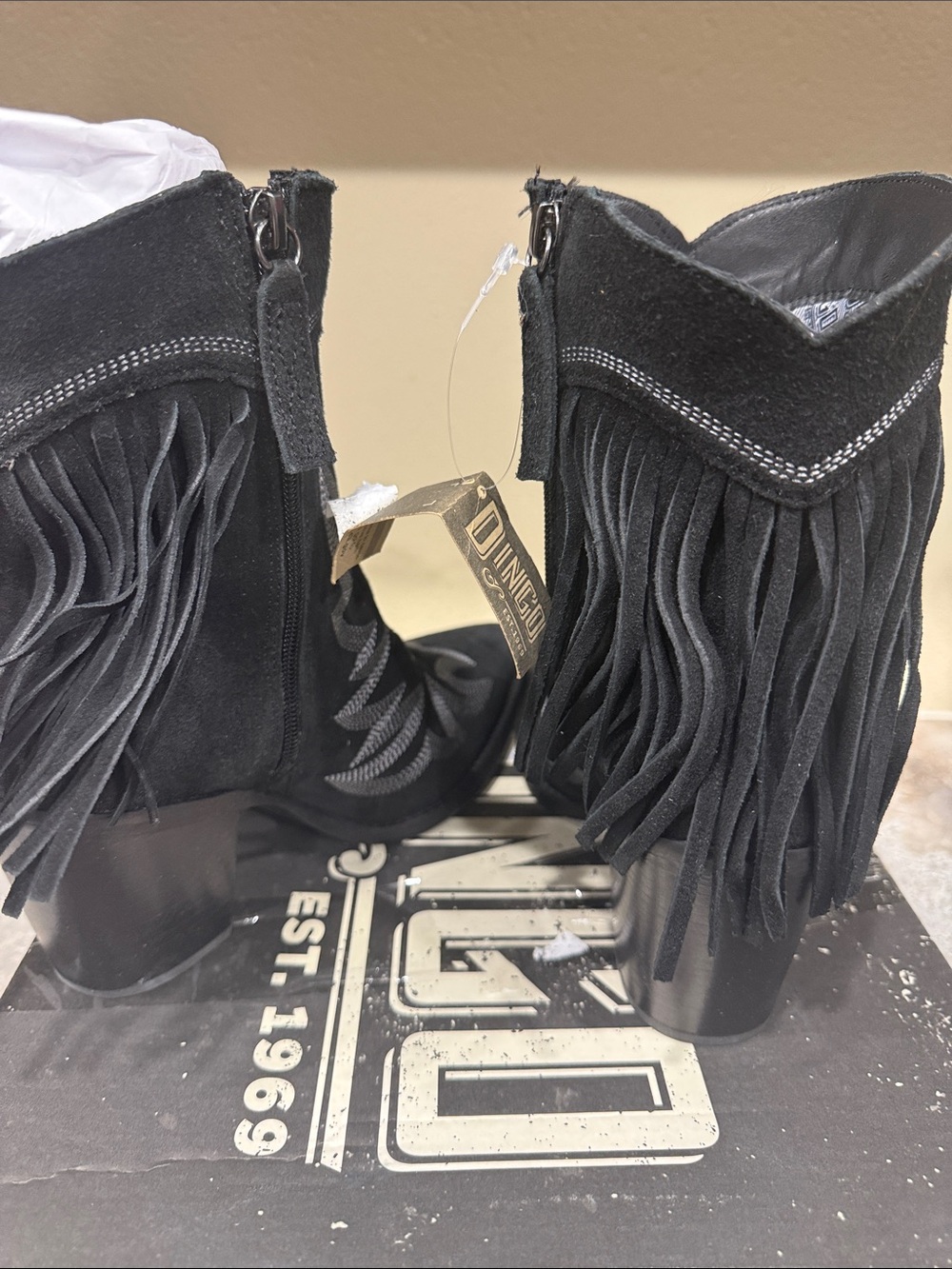 dingo Black Suede Western Heeled Boots with White Stitching - Picture 4 of 6